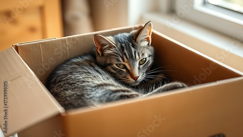 A gray tabby cat resting comfortably inside a cardboard box in a warm home setting.