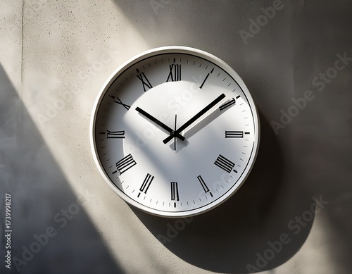 Wallpaper Mural a minimalist white clock with black hands hangs on a textured concrete wall bathed in warm dramatic sunlight and shadow Torontodigital.ca