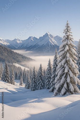 Fresh white snow blankets the ground and mountains under a clear blue sky. This peaceful and serene scene is a perfect winter wonderland.