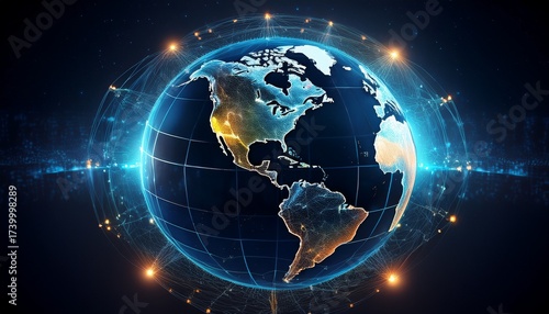 digital earth globe showcasing north and south america with glowing network on a dark backdrop