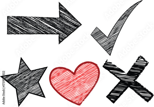 Hand-drawn sketch icons five playful symbols including arrow, checkmark, star, heart, and cross
