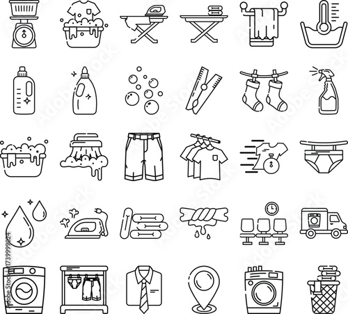Laundry icon set. Stain, washing machine, laundry basket, hand wash, dryer icon. Design signs for web page, mobile app and packaging design. Editable linear icon. Vector illustration