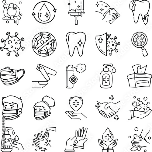 Hygiene icons set. Hygiene, clean, soap, washing hands, disinfecting, sanitation and more. Suitable for educational materials,and presentations. Editable linear icon. Vector illustration