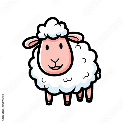 Cartoon sheep with fluffy white wool and a pink face standing on a white background.