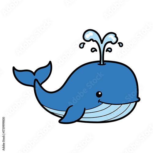 A smiling cartoon whale spouting water from its blowhole, isolated on white.