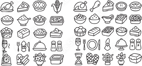 Thanksgiving Feast Line Art A Collection of Holiday Food and Decorations.