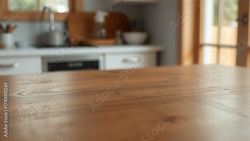 Wooden table with subtle grain texture bathed in soft natural light from a blurred kitchen window.