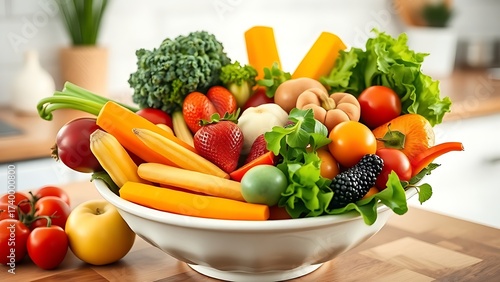 Assortment of fresh vegetables and fruits in a bowl, healthy diet concept.