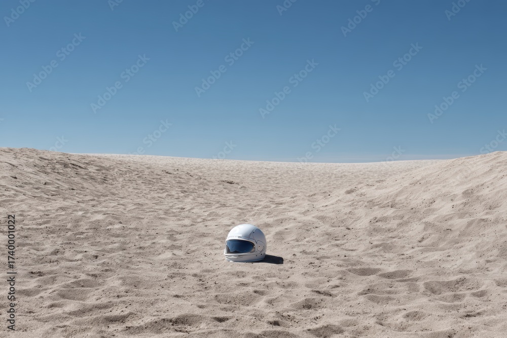 Obraz premium A Solo Safety Helmet Resting in a Vast Empty Expanse Under a Clear Blue Sky