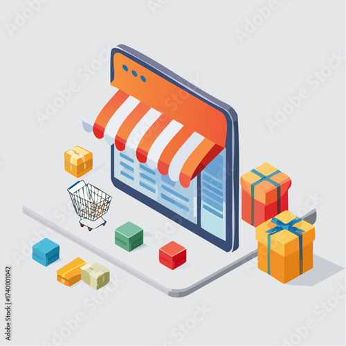 Online Shopping Isometric E-commerce, Storefront, Gifts, Cart