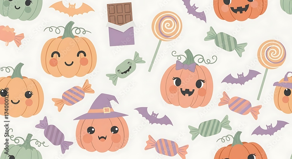Obraz premium Cute Halloween Seamless Pattern with Cartoon Pumpkins, Candies, Bats, and Lollipops