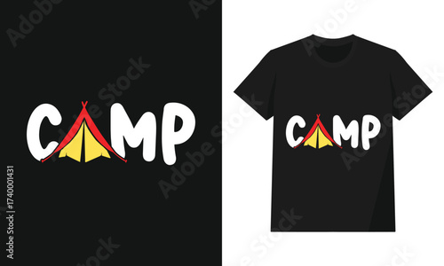 Camp Bubble Text Logo – Bold Typography with Tent Illustration and Simple Outdoor Graphic