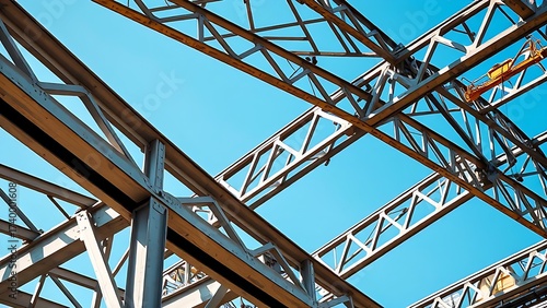 Industrial steel structure with geometric patterns, highlighting construction progress under clear skies.