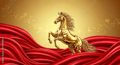 Golden Horse Standing Among Flowing Red Silk Fabric for Festive New Year Symbolism, Ads, Social Media, Blogs, and Print Design with Copy Space Above