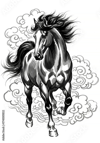 Horse Illustrated in Traditional East Asian Ink Painting Style Surrounded by Clouds Symbolizing Strength and Luck for Cultural Heritage and Decorative Art in Year of the Horse Celebrations