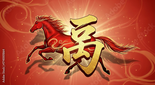 Dynamic Horse Silhouette with Ornamental Calligraphy-Style Chinese Character for Horse on Vibrant Background for Year of the Horse Celebrations, Greeting Cards, and Cultural Awareness