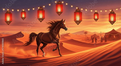 Arabian Horse Galloping Through a Desert at Sunset with Glowing Red Lanterns for Cultural Events, Blogs, Educational Materials, and Awareness Campaigns