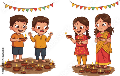 Cartoon children celebrating Diwali festival with traditional diyas, happy boys and girls, festive lights, cultural illustration, Indian holiday celebration