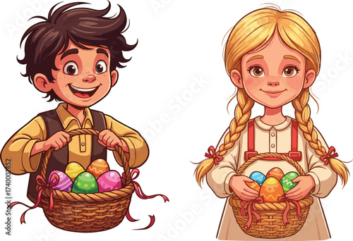 Cartoon children holding Easter baskets filled with colorful eggs, happy kids celebrating holiday, festive spring illustration, traditional Easter egg hunt