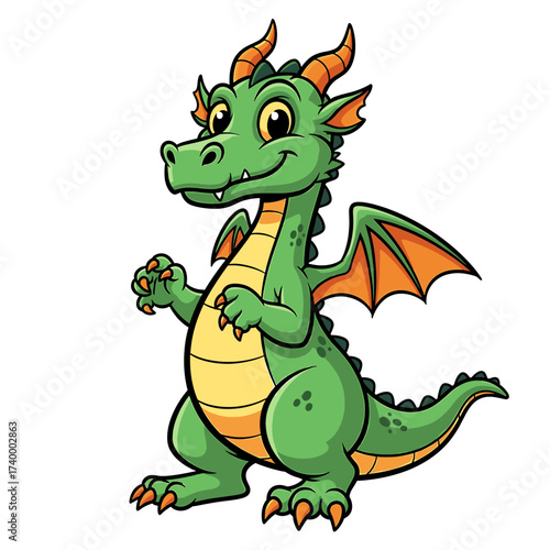 A cartoon green dragon stands smiling, with orange wings, horns, and belly, against a white background.