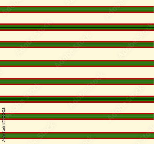 Repeating pattern of horizontal stripes with green red and black lines on off white background.