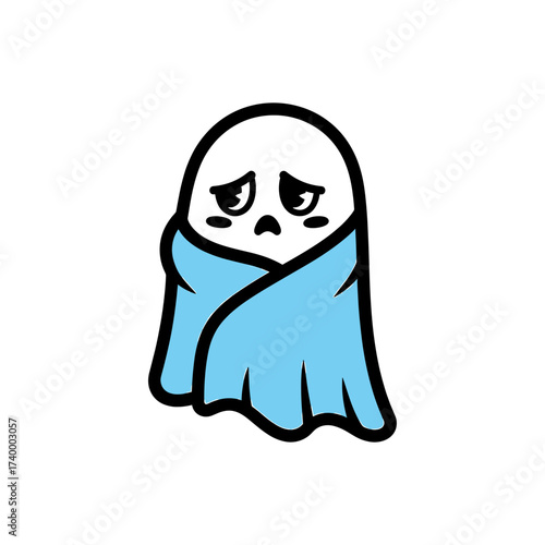Cartoon ghost wrapped in a blue blanket, looking sad with downturned eyes and mouth.