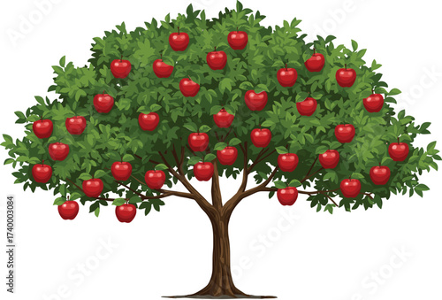 Beautiful illustration of apple tree with lush green leaves and many ripe red apples growing in natural orchard garden