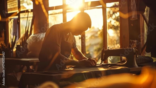 Tailor sewing at machine in workshop at sunset