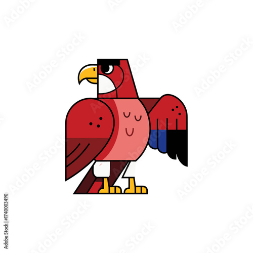 Stylized illustration of a red bird of prey with geometric shapes, featuring a square head and colorful wing.