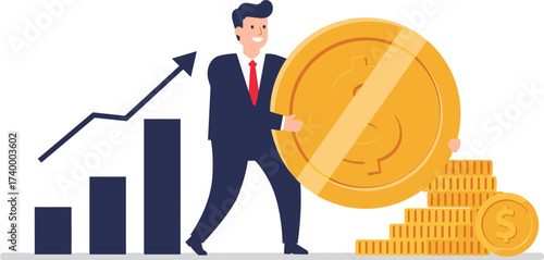 Businessman holding big coin with growing bar chart showing financial success, investment profit and economic growth illustration