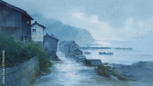 日本の漁村と港の風景 油絵風イラスト レトロな海辺の町_3