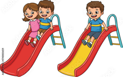 Cartoon kids sliding on playground equipment, happy children playing outdoors, boy and girl enjoying fun activity, childhood recreation illustration vector