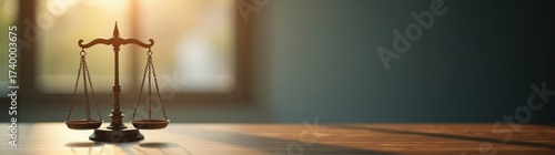 Scale of justice on a table with a window in the background