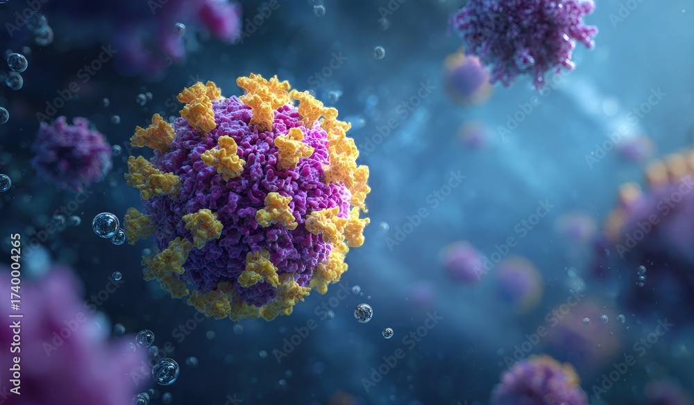 Obraz premium A close-up 3D rendering of a virus floating in a fluid environment, showcasing details