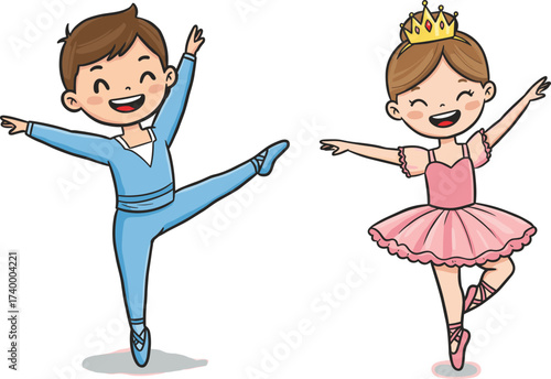 Happy children dancing ballet, cute boy in costume, adorable girl ballerina with crown, fun kids dance performance, learning, practice, illustration