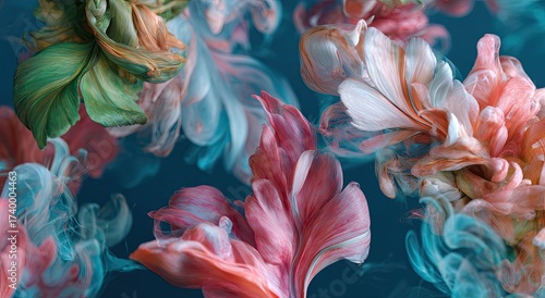 Abstract floral composition featuring vibrant, fluid forms in pinks, greens, and teals against dark blue