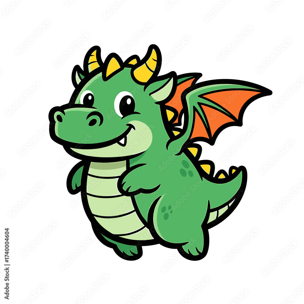 Fototapeta premium A friendly cartoon dragon with green scales, orange wings, and a happy expression.