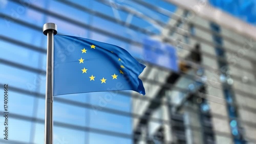 European Union flag waving on building background