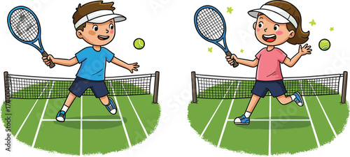 Happy children playing tennis together, boy and girl hitting ball on court, outdoor sport activity, fun exercise, cartoon illustration, competition