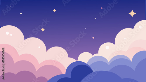 Whimsical Cartoon Night Sky Background with Clouds and Stars Creative Dreamy Design Graphic Illustration