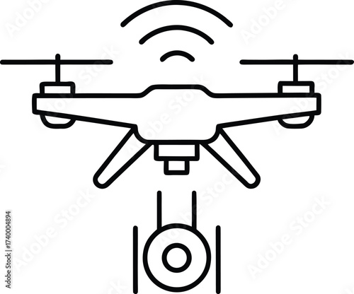 Drone with camera and signal waves line art icon quadcopter aerial
