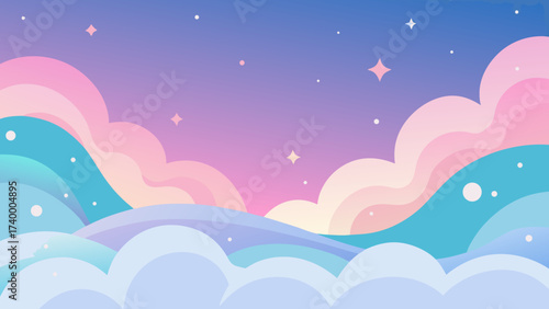 Dreamy Cartoon Sky with Pink and Blue Clouds and Stars Illustration for Backgrounds and Wallpapers