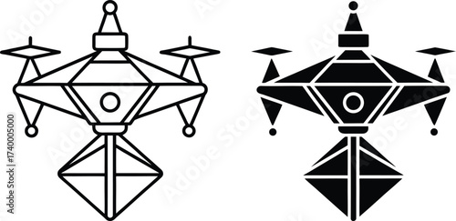 Geometric drone icon outline and solid black on white background abstract aerial