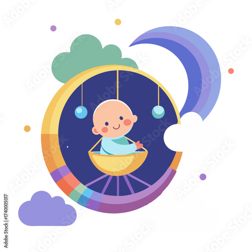 Adorable baby in a moon shaped swing surrounded by colorful elements vector illustration