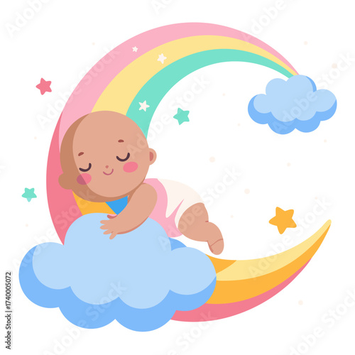 Adorable baby peacefully sleeping on a cloud resting on a crescent moon dreamy scene