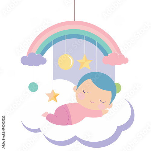 Cute baby sleeping peacefully on a cloud under a rainbow mobile illustration design