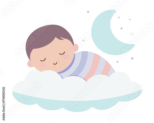 Sweet Dreams Baby Boy Sleeping on a Cloud with Moon and Stars Illustration