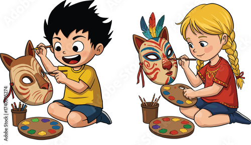 Kids painting tribal masks, creative children activity, colorful art project, cultural craft learning, educational fun, art class illustration, kids' creativity