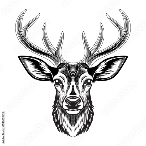 Black and White Deer Head Vector Illustration, Detailed Stag Antlers Silhouette Design