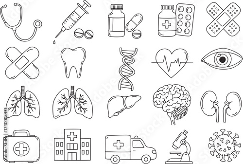 Doodle Hand Drawn Medical Health Care Icons Set Vector Illustration